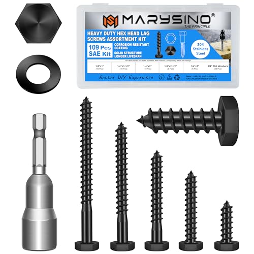109Pcs 1/4 Lag Screws Assorted Kit, Stainless Steel Heavy Duty Hex Head Lag Bolts for Wood, Commercial/Industrial Grade 1/4 Bolt, Mounting Screws Bolts Kit, Black Oxided by Marysino
