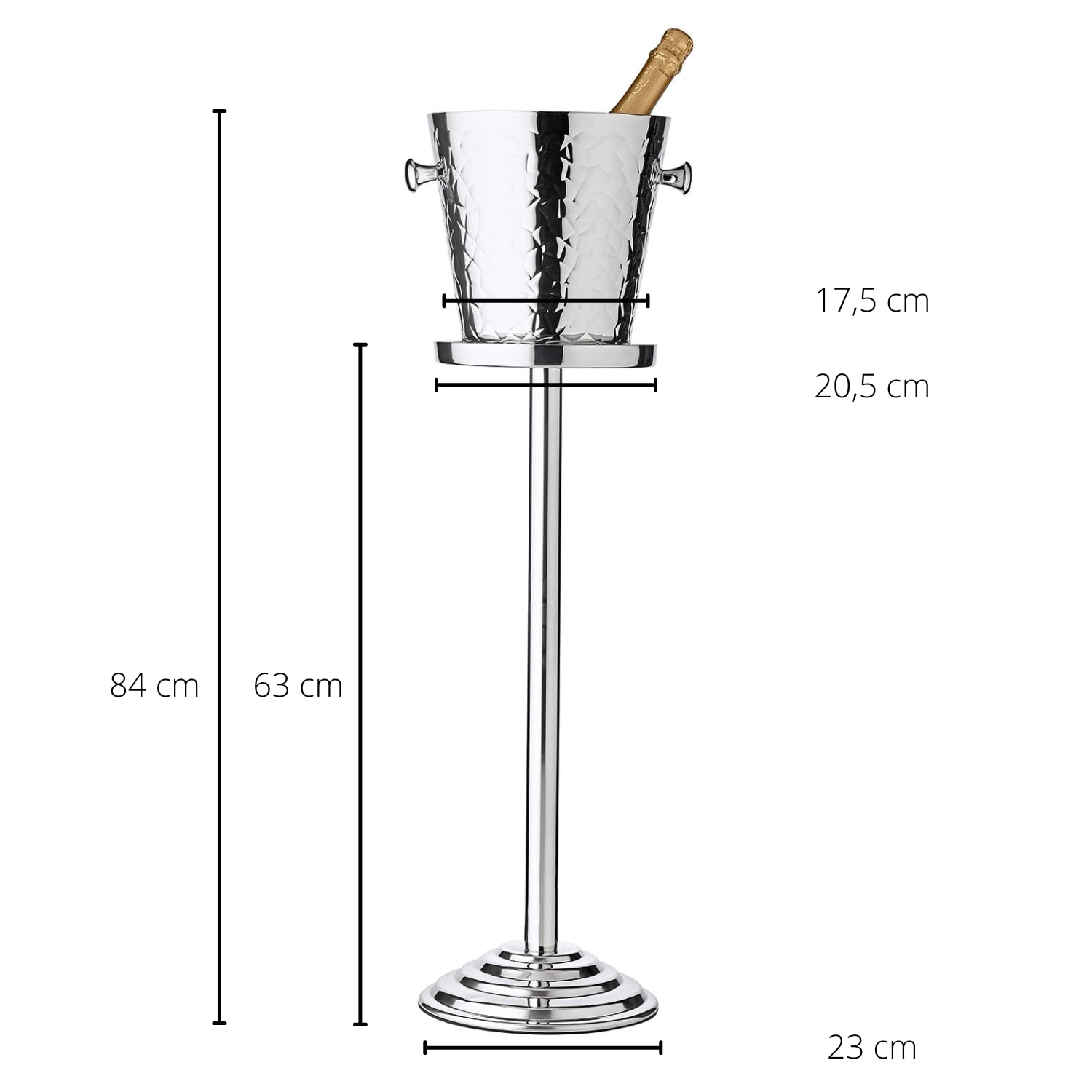 EDZARD Refrigeratore per spumante Capri con supporto (altezza 85 cm), con motivo martellato, acciaio inossidabile, con manici, per una bottiglia - Per vino o champagne - Secchiello per il ghiaccio
