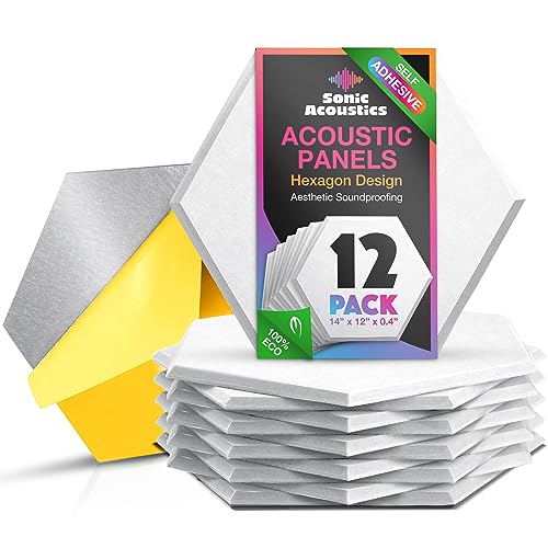 Sonic Acoustics Self-adhesive 12 Pack Hexagon Acoustic Panels, 14' X 12' X 0.4'...