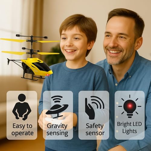 Image of Gravity Sensor Helicopter Toy for Boys with Safety Sensor, Indoor Palm Sensing, Rechargeable with LED Lights I Pack of 1 | For Kid (Yellow Colour)