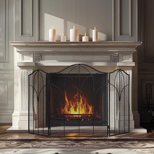 Image of Hogardeck 3 Panel Fireplace Screen, 48 inch x 30 inch Fireplace Cover for Living Room, Decorative Wrought Iron Fire Place Gate for Brick Fireplace, Baby Proof, Pet Safety