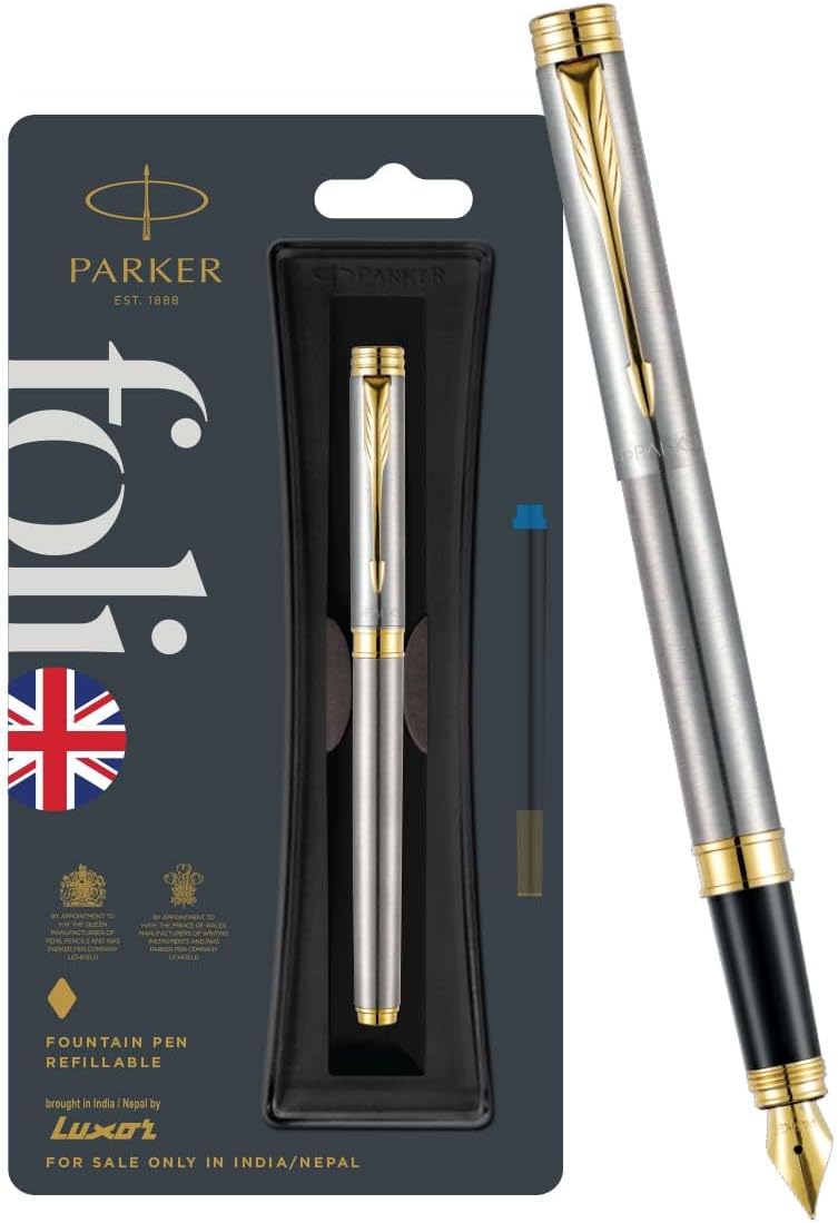 Parker Folio Stainless Steel Gold Trim Fountain Pen With 1 Ink Cartridge Free | Gift For Employees | Unique Gifts For Entrepreneurs