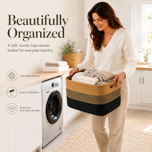 Image of 19.2GAL Sturdy Large Laundry Basket with Handles for Dirty Clothes, Portable Aesthetic Boho Cute Woven Storage Blanket Baskets for Living Room Decor and throws pillows Kids Toys Bath Towle Khaki Black