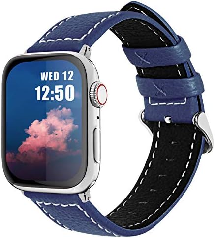 Fullmosa Compatible Apple Watch Band Leather 42mm 44mm 45mm 38mm 41mm 40mm for iWatch SE/SE2/Series 8/7/6/5/4/3/2/1/Ultra 49mm,42mm/44mm/45mm Dark Blue + Silver Buckle