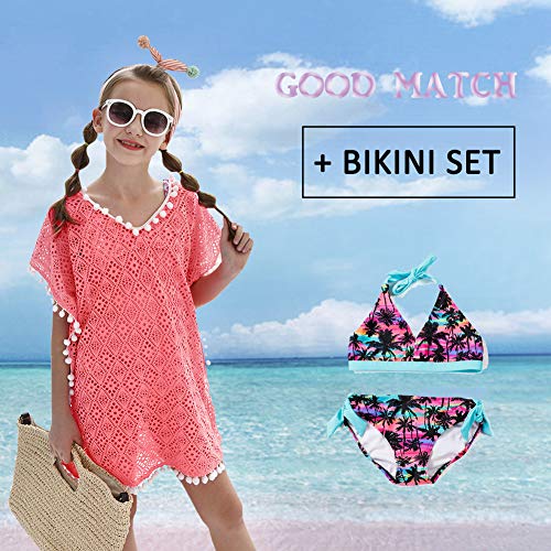 Cute Neon Pink Swimsuits Cover Up For Girls, Kids Bathing Suit Beach Dress Tops With Pompom Tassel One Size #TOP6