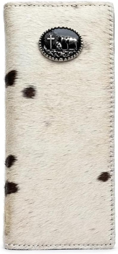 Mens Long Cowboy Wallet Genuine Cowhair Praying Cowboy Cross Concho Leather Roper Bifold (Wine)