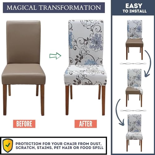 Image of Styleys Chair Covers for Dining Room, Stretch Dining Chair Cover, Washable Spandex Kitchen Chair Slipcovers (Set of 2, Sky Blue /Golden Flower, SD3215)