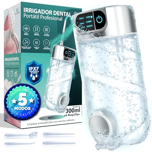ALTHERIA® | Irrigador Dental Portatil de 5 MODOS con 4 Boquillas INCLUIDAS | Irrigador Bucal Inalámbrico | Limpieza Bucal y Encías Limpias | Deposito Extensible con Capacidad de 300ML y USB-C | IPX7.
