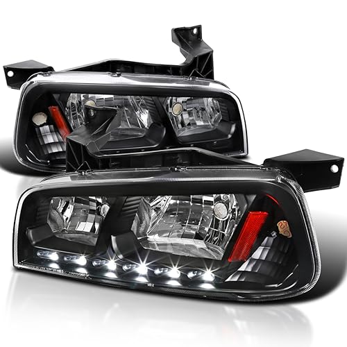 SPEC-D TUNING Black LED Headlights Compatible with 2006-2010 Dodge Charger L+R Pair Head Light Lamp Assembly