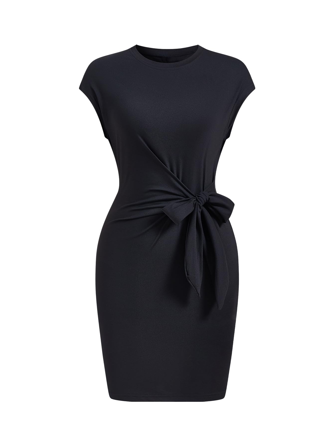 Womens Elegant Cap Sleeve Dress Crew Neck Tie Waist Ruched Work Office Mini Dresses