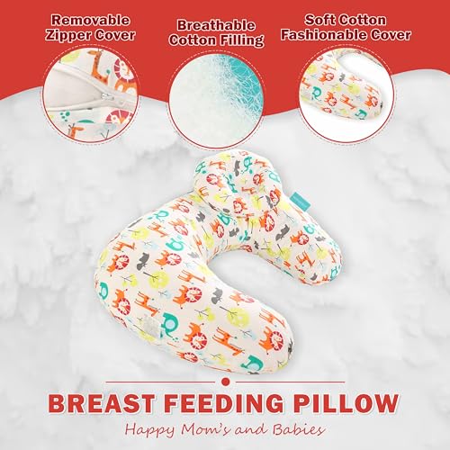 Image of Motherly Maternity Feeding Pillow for Newborn Baby with Detachable Cotton Cover & Convinient Side Pocket, Nursing Pillow with Extra Baby Head Pillow, Infant Support for Baby & Mom Cradle (Zoo)