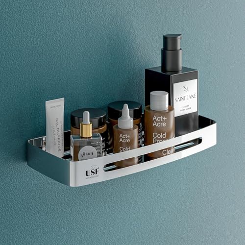 Image of USF Elegance Stainless Steel Corner Shelf, Wall Mounted Bathroom & Kitchen Storage Rack for Toiletries & Essentials, Compact Space Saving Organizer, Instant Installation, Chrome Finish (Pack of 2)