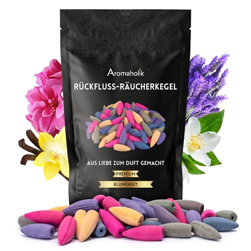 Premium Rückfluss Räucherkegel Wasserfall Natürlich aromatische Räucherkegel mit Blumen Duft Set 50 Stück Frische Räucherkerzen für Stressabbau und Meditation Backflow Incense Aromaholik