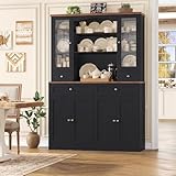 HIFIT 71''Tall Food Pantry Cabinet, 47.2'' Wide Kitchen Hutch with 4 Drawers & Shelves & Wine Rack, Glass China Cabinet for Dining Living Room, Black