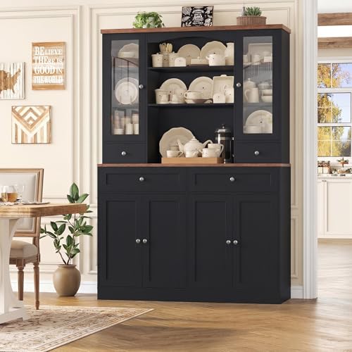 HIFIT 71''Tall Food Pantry Cabinet, 47.2'' Wide Kitchen Hutch with 4 Drawers & Shelves & Wine Rack, Glass China Cabinet for Dining Living Room, Black