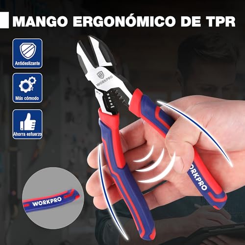 Miniatura 6 de Workpro Alicates De Corte Diagonal, Cortadora Diagonal Professional 2 En 1, Pelacables, Cortador De Alambre, Acero Cromo Vanadio, Con Mango Antideslizante Longitud 196 Mm