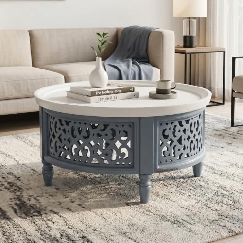Image of Wooden Carved Coffee Table for Living Room | Center Table for Living Room Furniture | Solid Wood Round Tea Table for Home | Durable & Stylish Coffee Table for Home, Bedroom & Office (Grey)
