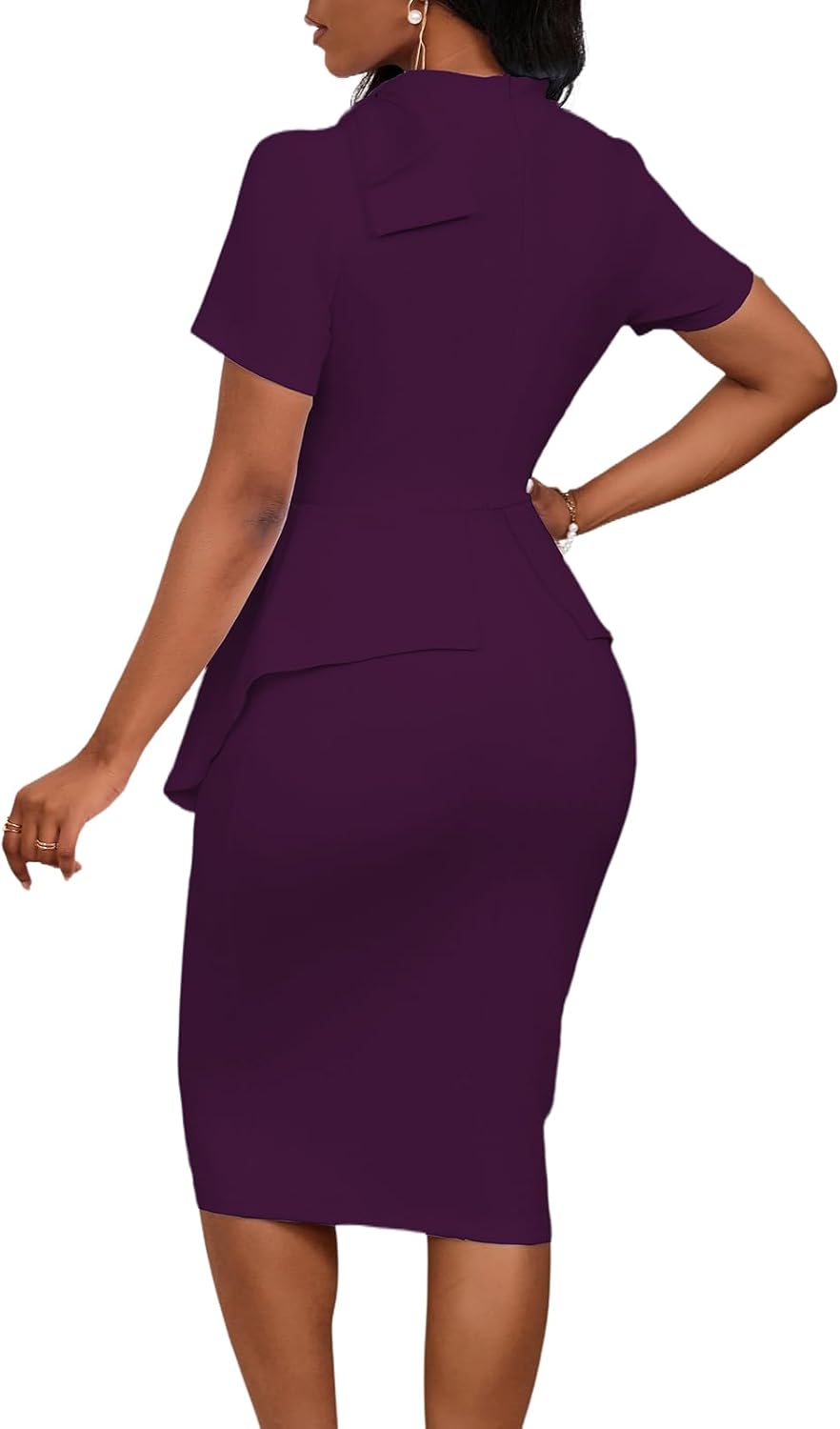 WanMem Women Formal Bodycon Peplum Cocktail Dress Short Sleeve Bow Ruffle Pencil Party Midi Dresses - Image 2