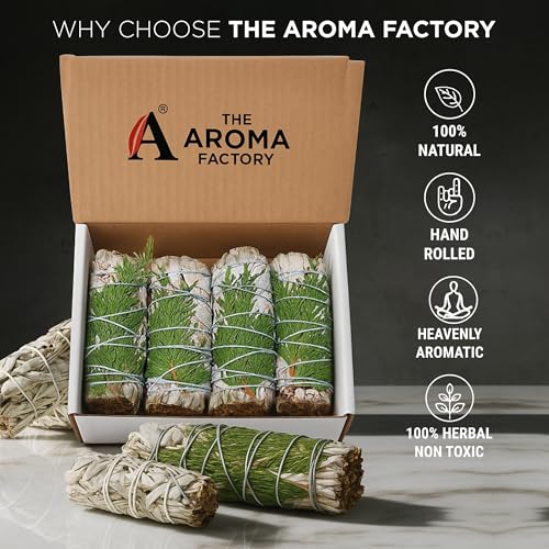 Image of The Aroma Factory Natural White Sage with Himalayan Cedar Dry Leaves 8 Bundles (6 Inch x 30g Each) 1 Box (Cedar White Sage Bundles, Pack of 8)