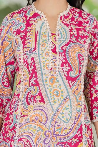 Image of Women's Cotton Straight Kurti with Geometric Print, 3 /4 Sleeves, Lace Trim Detail, Regular Fit, Casual Wear