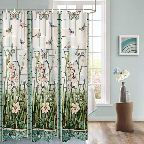 Rideau de douche tissu polyester imperméable motif libellule fleur vitrail