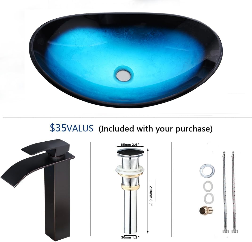 Llave de la Cuarto de baño Vessel – Set de fregadero Contemporáneo Estilo vidrio Templado + Juego + cromo tapón de drenaje 7