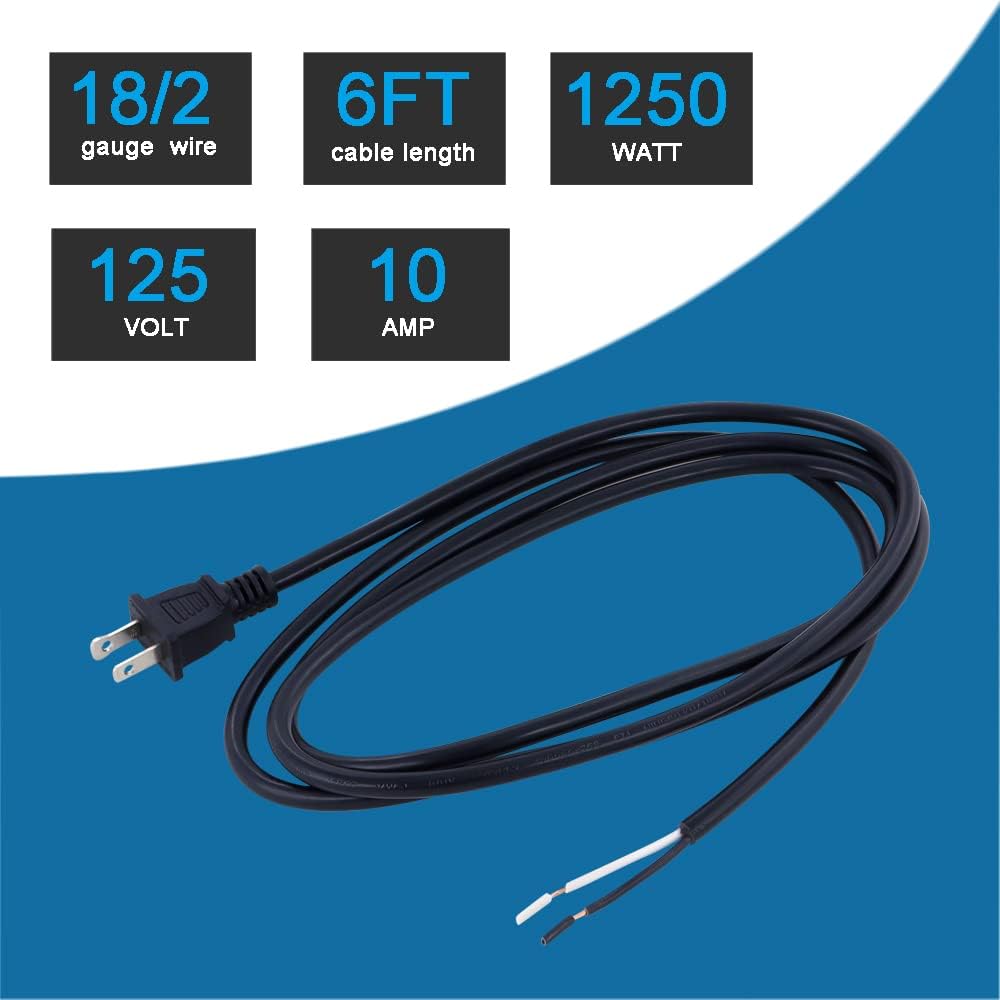 18AWG Replacement Power Cord Round Cable 2 Prong Polarized Plug 18 Gauge 120V Power Supply Cord SJT 18AWG 6 Foot Pigtail 2 Wire Stripped Off 10A 1250W Black Cord Open End Wire AC