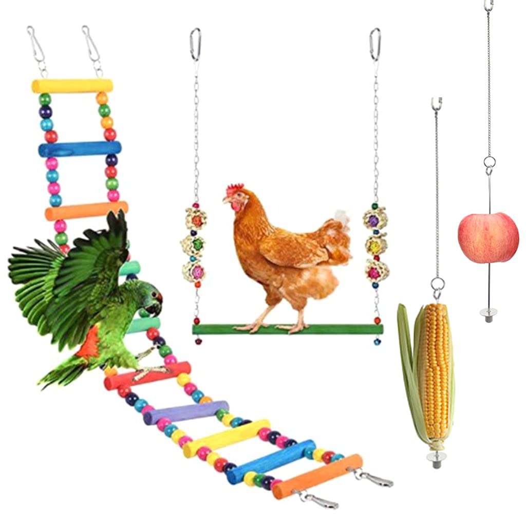 Set di giocattoli di pollo per grandi uccelli da appendere, scaletta e posatoio, mangiatoie per frutta
