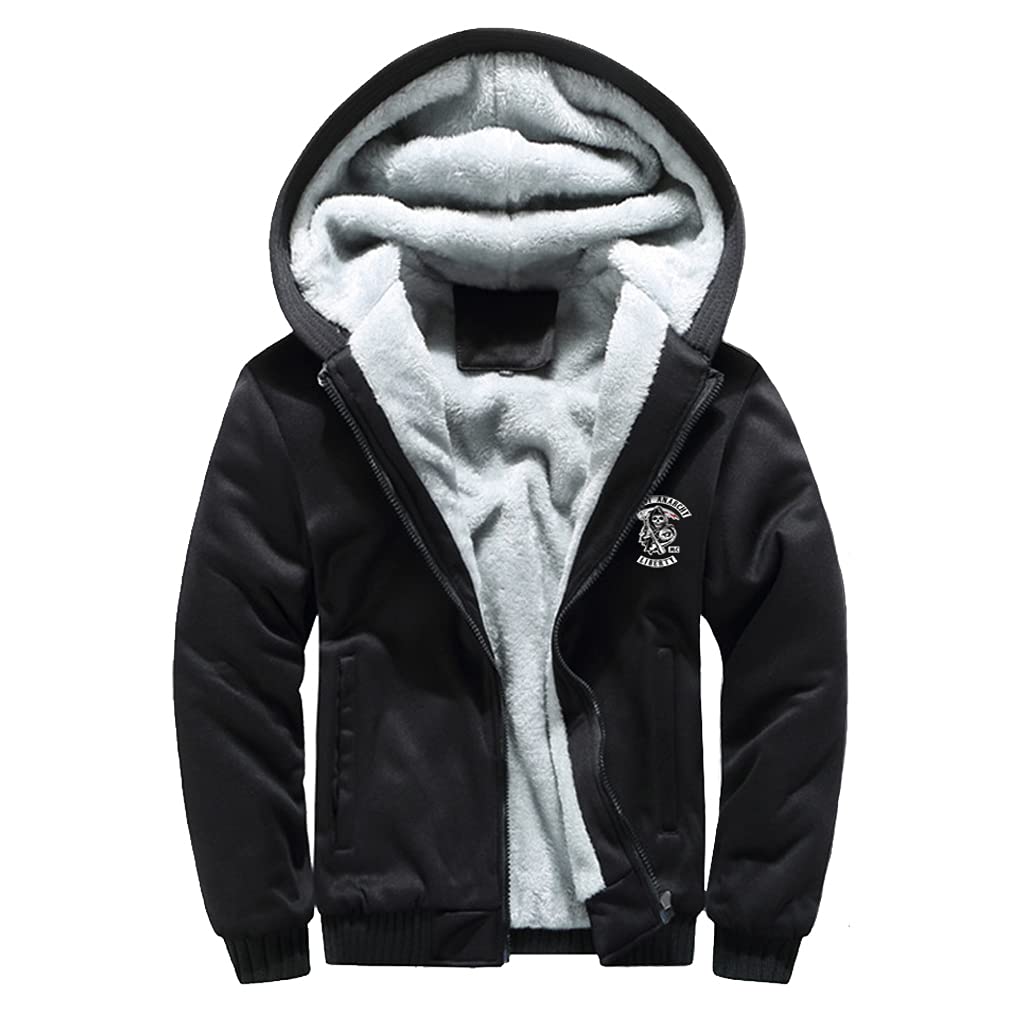 Men's Wool Thick Warm Sweatshirt Sons of Anarchy Grim Reaper Print Full Zip Hoodie Winter Casual Fleece Street Jacket