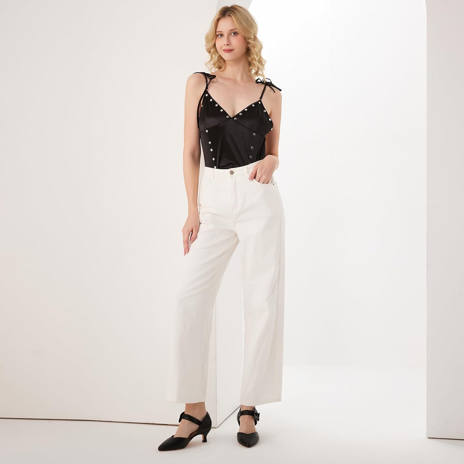 RIBONGZ Black Kitten Heels for Women Low Closed Toe Dressy Pumps Comfortable Slip On Flower Dress Shoes for Wedding Dancing Party Office Work - Image 3