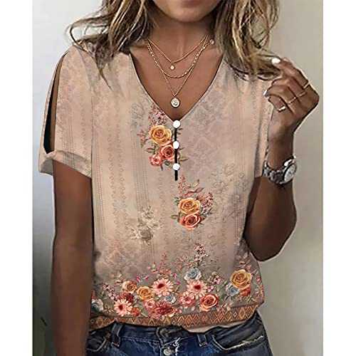 Mayntop Women Floral Flower Pattern Graphic Slit Short Sleeve Print Button Embellished V Neck Loose Summer Top Tee Blouse T Shirt Shirt K Beige 2Xl #TOP1