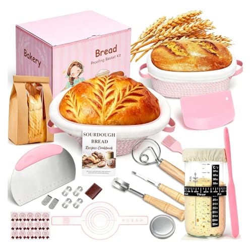 Sourdough Starter Kit with 2 Proofing Baskets (Oval & Round) & Sourdough Starter Jar Complete Sourdough Bread Baking Supplies for Artisan Bread Ideal Gift for Women Mom Wife Bakers