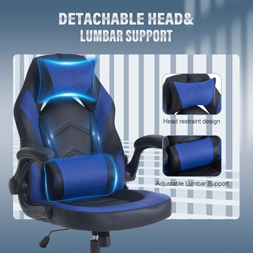Image of Sweetcrispy Ergonomic Gaming Desk Chair - Computer Video with Comfy Lumbar Support and headrest, PU Leather with Flip-up Arms, Adjustable Height and Swivel Wheels, Home and Office, Blue