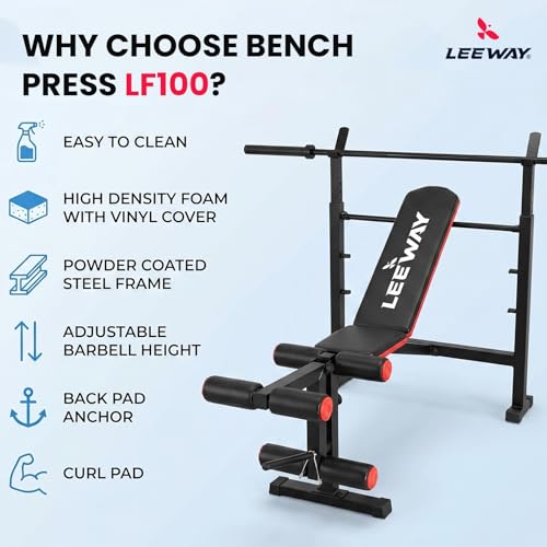 Image of Leeway LF100 Bench Press for Home Gym Setup | Adjustable Gym Bench for Home with Barbell Rack, Incline Decline Flat, Leg Curl Extension, 180 Kg Capacity Table (Black, Bench LF100, 1)