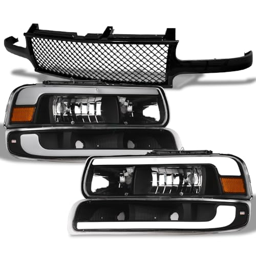 TLAPS 7422447272292 1999-2006 Chevy Silverado/Silverado 1500/Tahoe/Suburban DRL LED Headlights Black 4PC + Amber Bumper