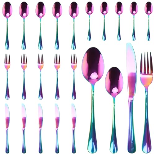 SYUTBOU 24-teiliges Regenbogen Edelstahl Besteckset, Besteck Set 6 Personen, Besteck Bunt für Haus, Party und Restaurant