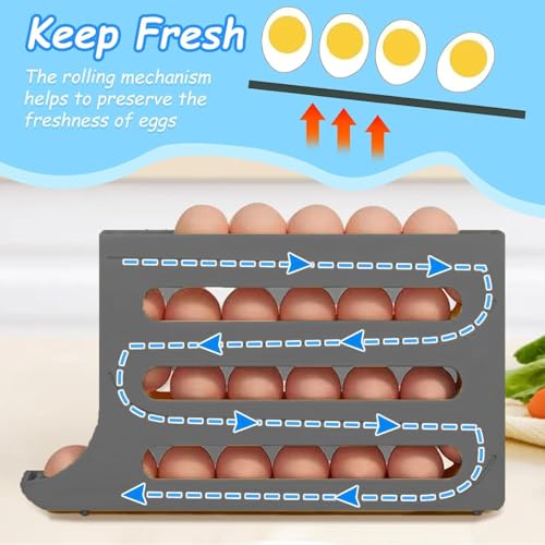 Image of Egg Holder and tray for Fridge - 4 Tiers 30 Egg Dispenser Large Capacity Automatic Rolling Egg Container Refrigerator Organizer for Kitchen, Pantry & Countertop (Grey)