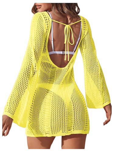 Image of Floerns Women's Crochet Cover Up Long Sleeve Hollow Out Bikini Swimsuit Beach Cover Up Swimwear