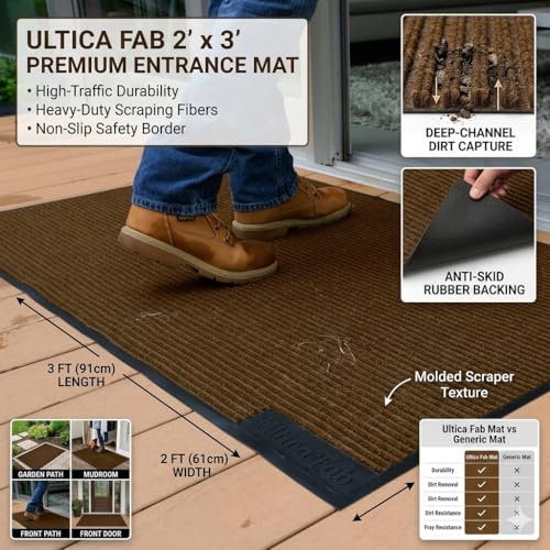 Image of Front Door Mat Indoor Outdoor Entrance, 2 x 3 Feet All-Season Waterproof Doormat for Entryway, Heavy Duty Commercial Floor Mat, Fade Resistant, Rubber Back, Low Profile, Easy Clean, Brown