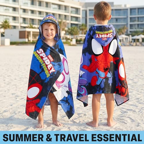 Marvel Spidey und Seine Super-Freunde Badeponcho Kinder mit Kapuze 125x75cm, 100% Baumwolle Kapuzenhandtuch, Sommer Kapuze Handtücher, Badetuch Poncho für Strand, Geschenke für Jungen (Multi Spidey)