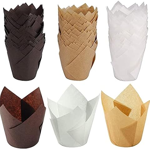 150 Pieces Paper Muffin Cups, Cupcake Muffin Liners Wrappers, Muffin Cases, Tulip Baking Paper Cups, Used for Home and Party Wrapping Cakes(Dark Brown, Light Brown, White) Cover