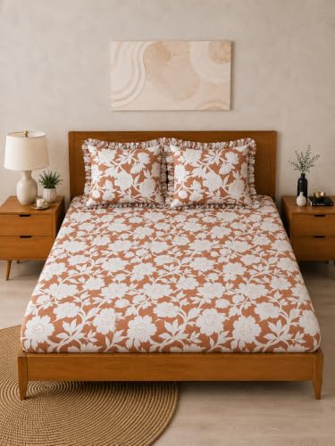 Image of 380 TC Premium Glace Cotton Elastic Fitted Bedsheet King Size with 2 Pillow Covers King Size | Double Bed with All Around Elastic (Brown Floral, Fitted Queen-60x78)