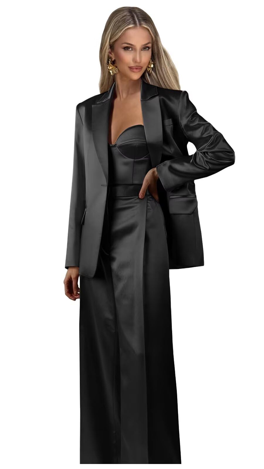 Satin Suits for Women Business Casual 3 Piece Womens Suit Dressy Trendy 1 Button Blazer Vest Pants