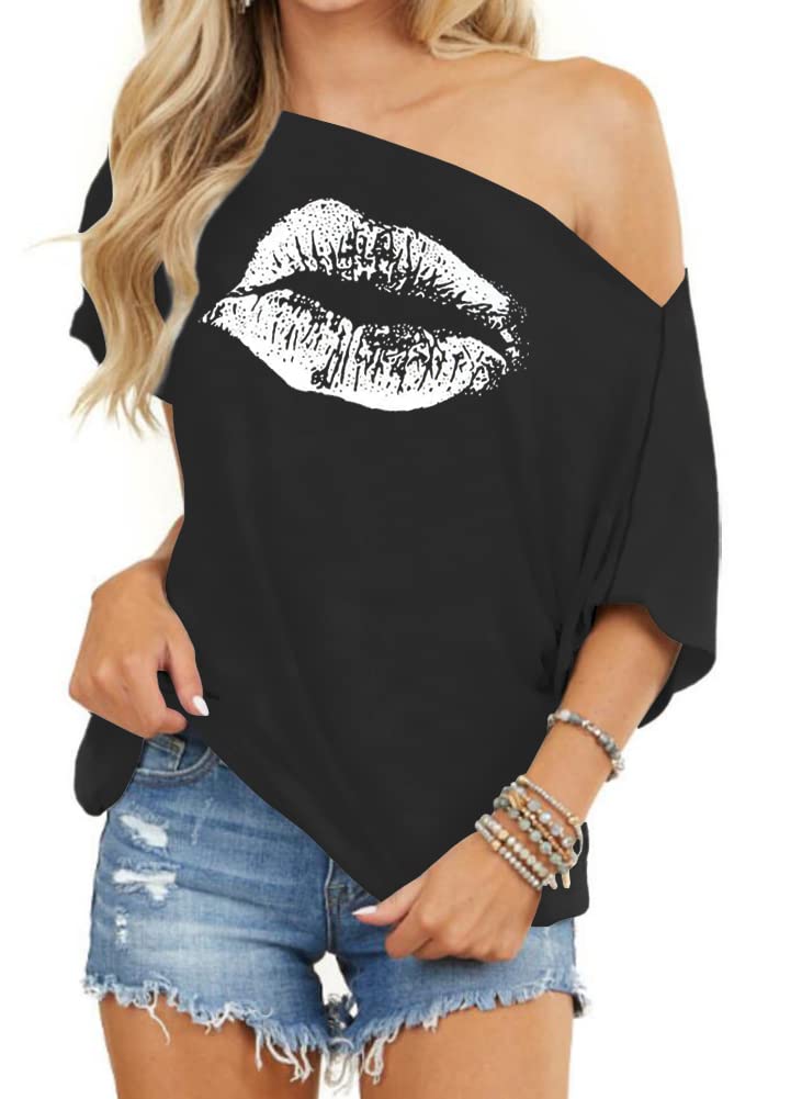 INFITTYWomen's Off Shoulder Tops Short Sleeve Casual Loose Batwing Shirts Oversized Blouse Tunic