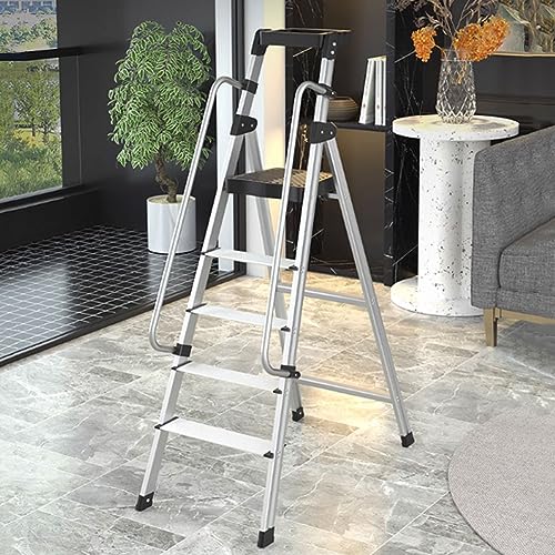 Escalera de aleación de aluminio con pasamanos, taburete plegable con plataforma de herramientas, patas antideslizantes y gancho estable, para el hogar y el trabajo al aire libre, 8 escalones