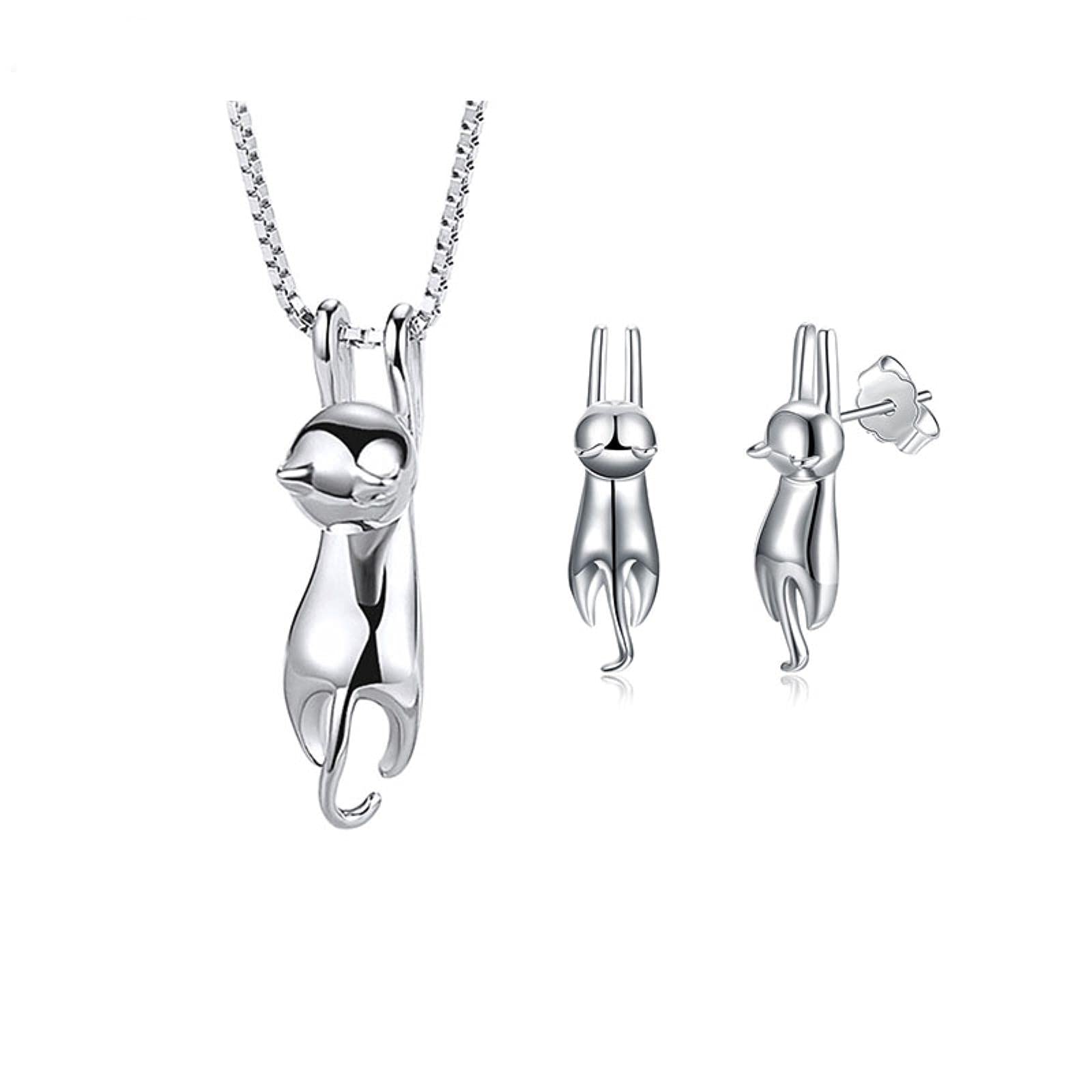DarryDooly 925 Sterling Silver Jewelry Sets Lovely Animal Cat Necklace+Earrings For Women Girl Gift