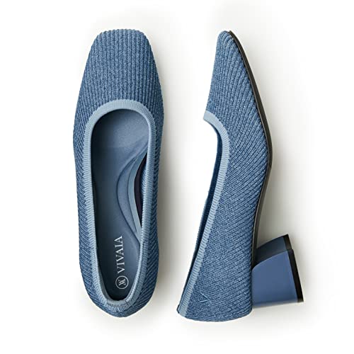 VIVAIA Women's Pumps Melody 2.0 Square Toe Chunky Heels Slip on Dressy Heels for Women Classic 1.77" Mid High Pumps Shoes Denim Blue