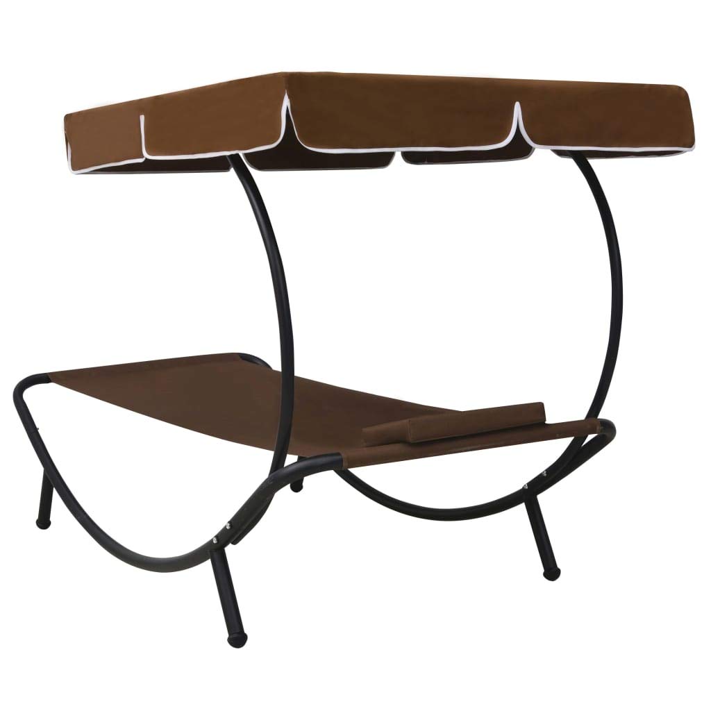 Lettino da Esterno con Baldacchino e Cuscino Marrone, Letto Relax da Giardino con Ombrello, Poltrona Pieghevole in Acciaio, Divano da Spiaggia per Patio, Piscina, Atmosferici, 200x90x112 cm