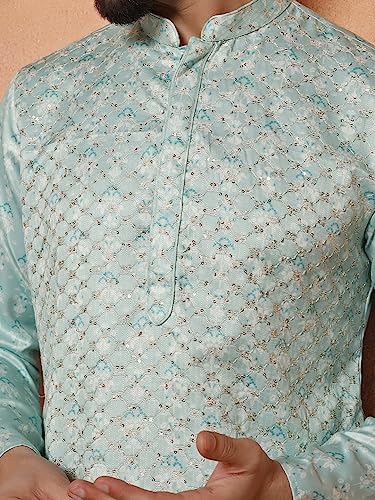 Image of KISAH Men's Navy Blue Printed Cotton Kurta - Regular Fit Long Tunic with Mandarin Collar | Ethnic Wear for Weddings & Festive Occasions