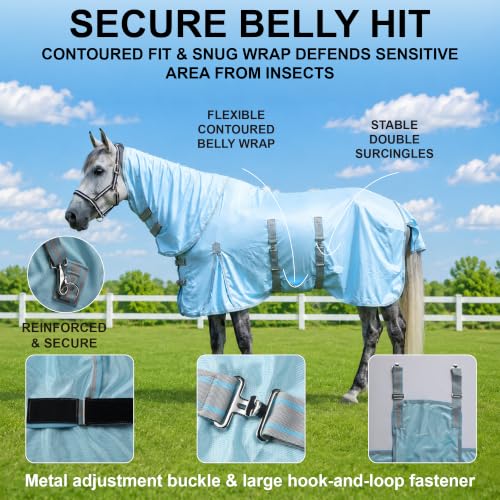 Image of Summer Horse Fly Sheet with Detachable Neck & Belly Wrap, Breathable Fine Mesh Sweet Itch Protection for Stable & Pasture Turnout, Biting Defense & All-Day Comfort Shield Cyanblue 75 inch